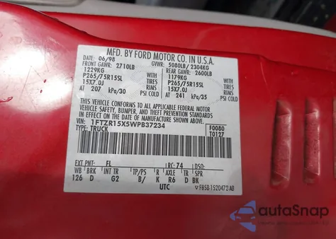 1998 Ford Ranger Splash/Xl/Xlt из США, поврежденный, VIN 1FTZR15X5WPB37234